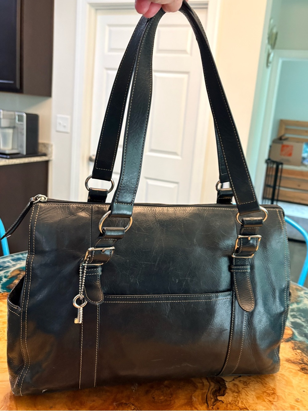 Fossil Black Leather Briefcase Tote - Classic Work Bag / handbag